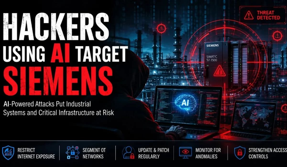 Hackers using AI target Siemens — threat detected graphic with Siemens SIMATIC S7-1500 PLC and industrial plant backdrop