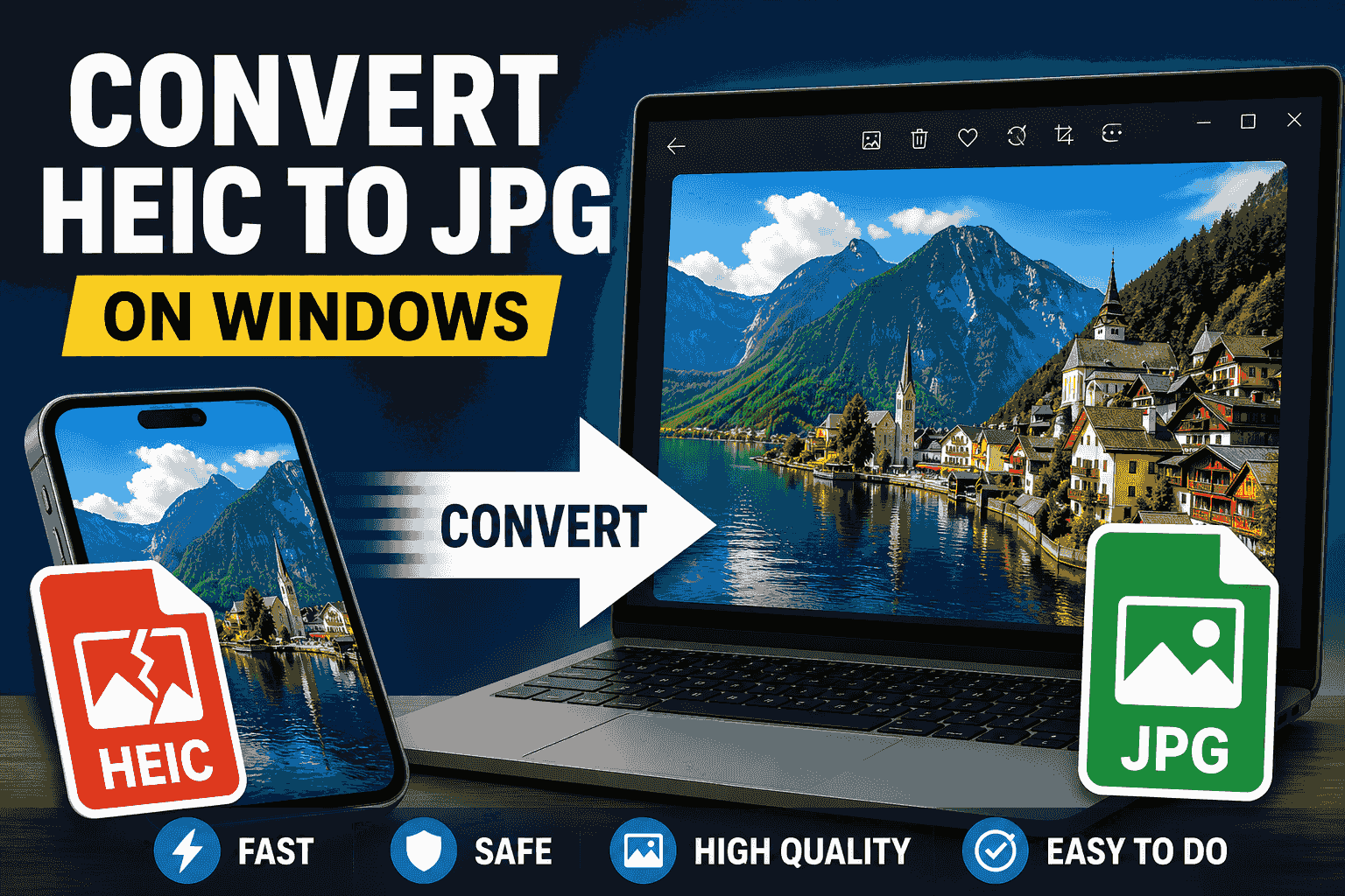 Convert HEIC to JPG on Windows — iPhone HEIC photo becomes a JPG that opens on a PC