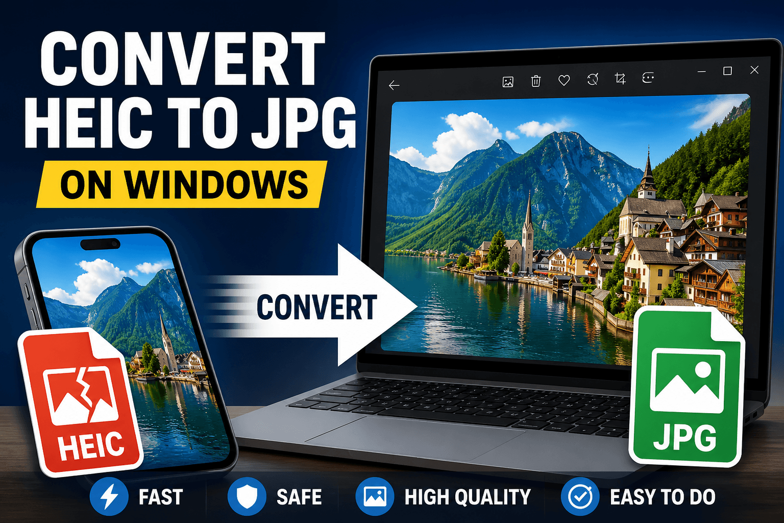 Convert HEIC to JPG on Windows — iPhone HEIC photo becomes a JPG that opens on a PC