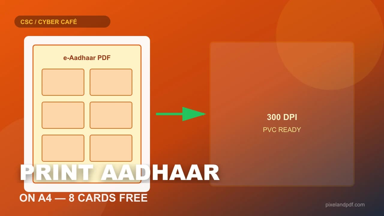 Print Aadhaar card on A4 — e-Aadhaar PDF cropped to four CR80-size faces on a 300 DPI sheet ready for PVC cutting