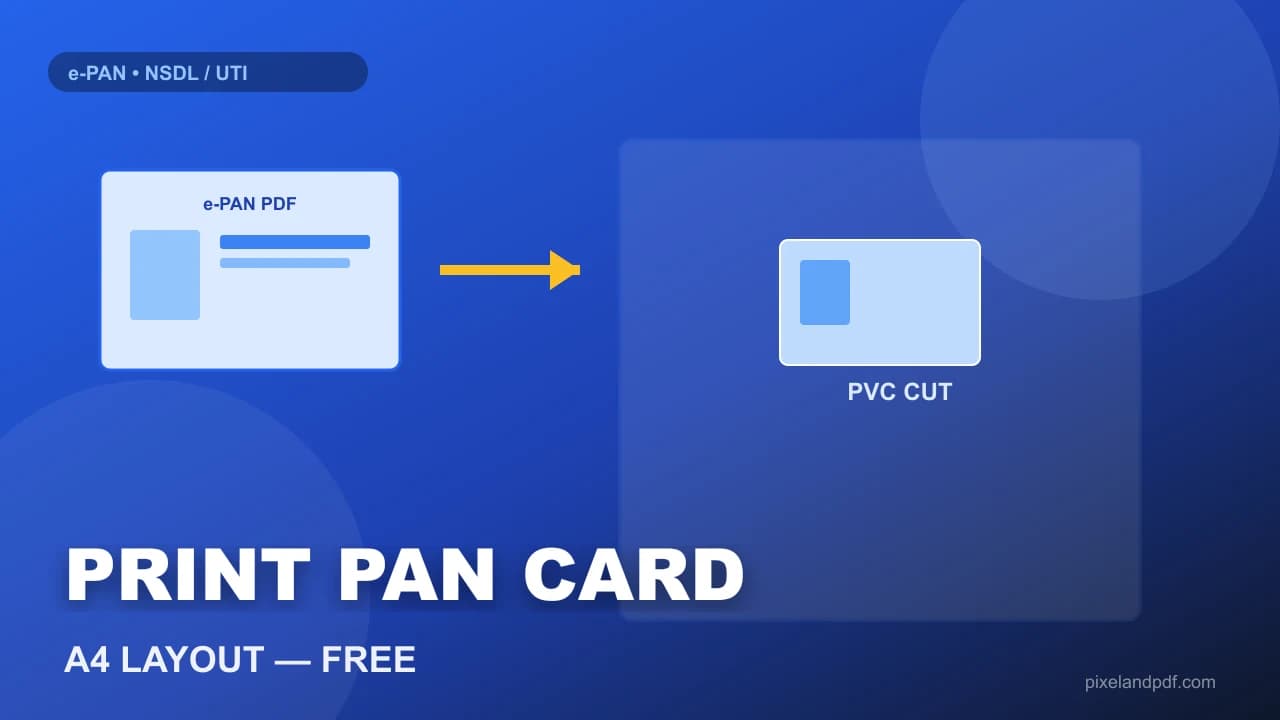 Print PAN card on A4: NSDL e-PAN PDF cropped to a 300 DPI sheet with four cards per page for PVC printing at a cyber café
