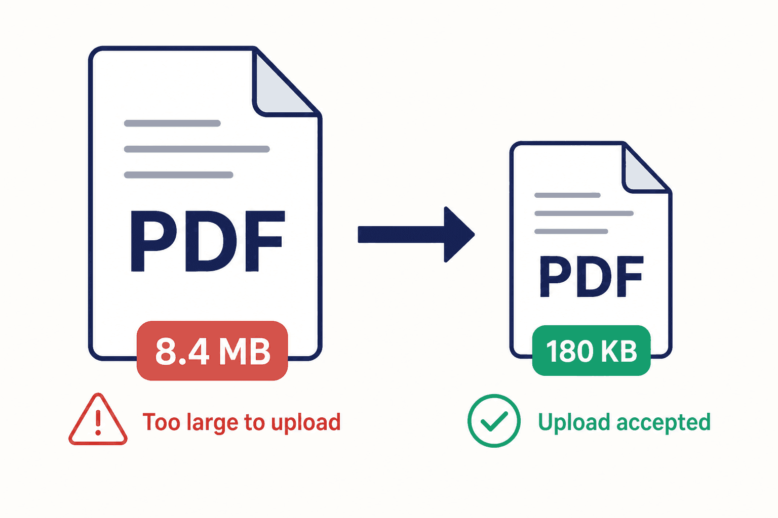 Reduce PDF file size: an 8.4 MB PDF rejected as too large next to a 180 KB version accepted by the upload form