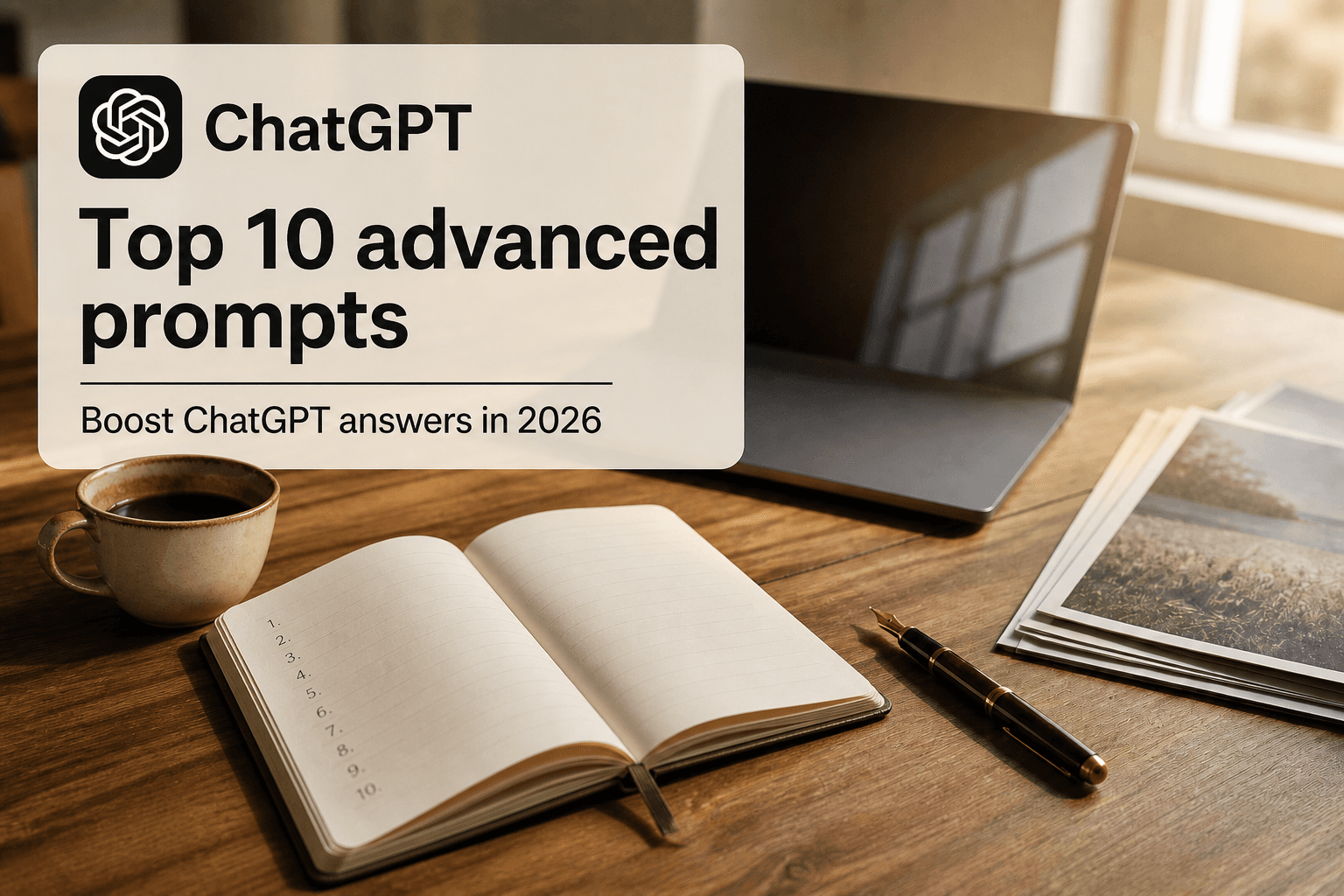 ChatGPT logo and headline Top 10 advanced prompts to boost ChatGPT answers in 2026 on a desk notebook