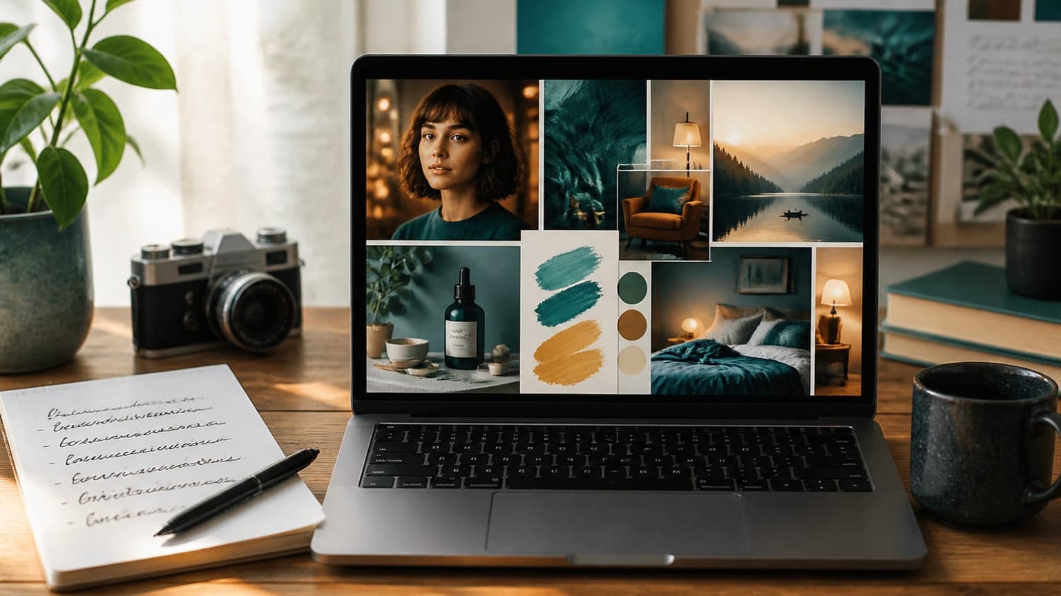 Laptop showing colourful AI-generated image ideas next to a notebook of image prompt notes