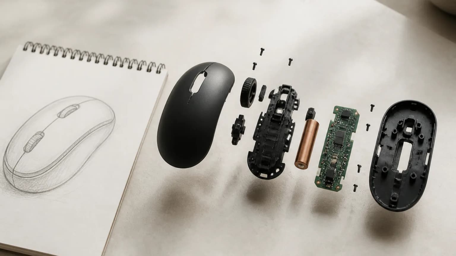 Exploded-view product photo of a wireless mouse beside a pencil sketch of the same mouse — ChatGPT /explode versus /sketch