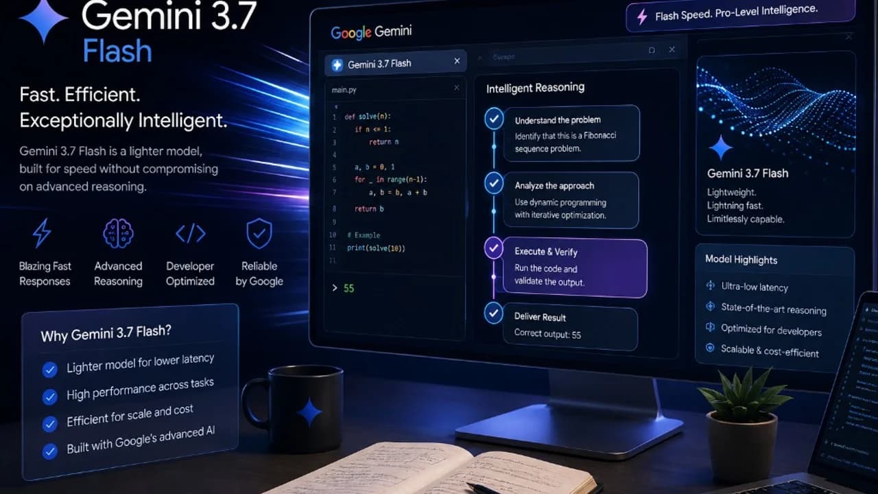 Gemini 3.7 Flash — fast, efficient AI model for coding, reasoning and developer workflows on a tech workspace