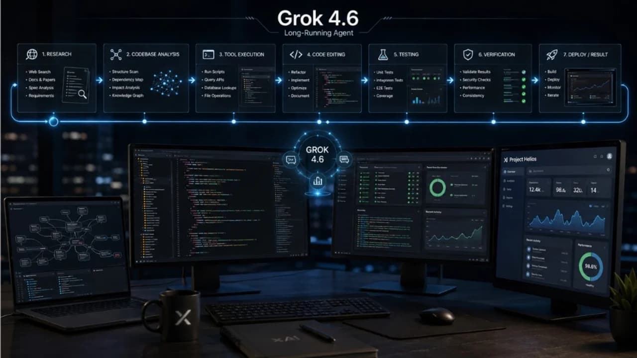 Grok 4.6 long-running agent workflow — research, codebase analysis, tool execution, code editing, testing, verification and deploy