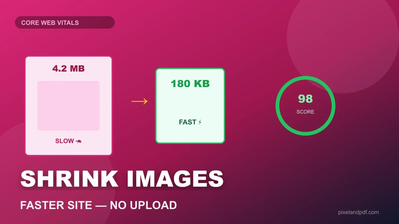 Compress images for web without uploading: a 3.8 MB JPG hero reduced to 180 KB WebP in the browser with before and after previews