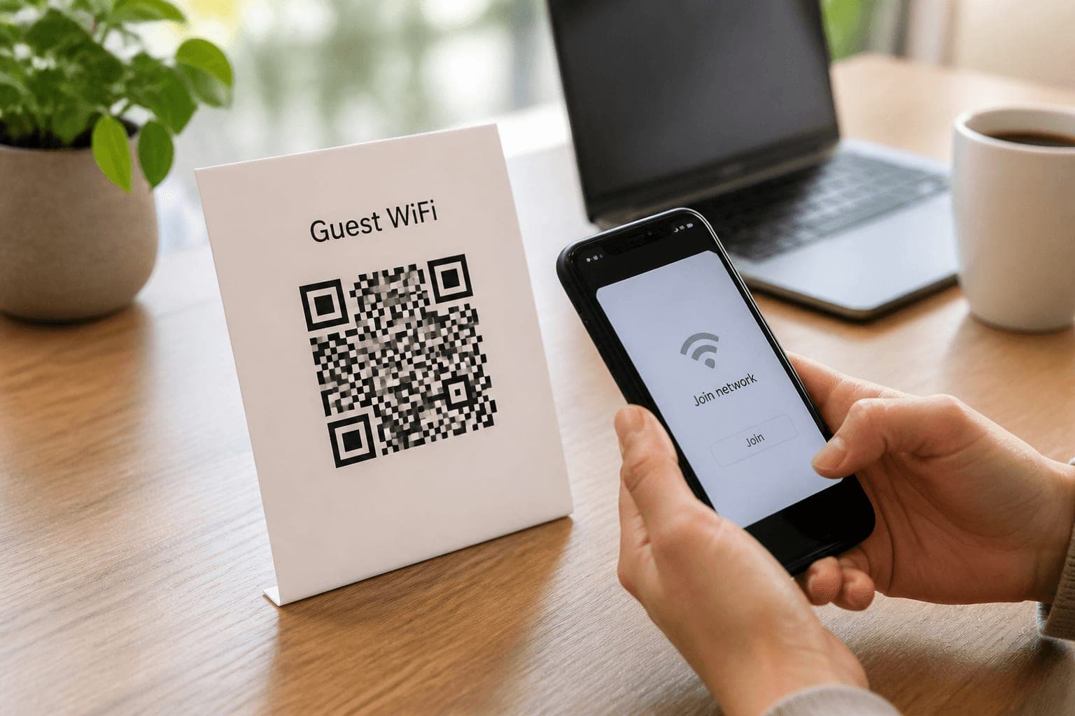 Guest WiFi QR code on a printed card next to a phone scanning it to join the network