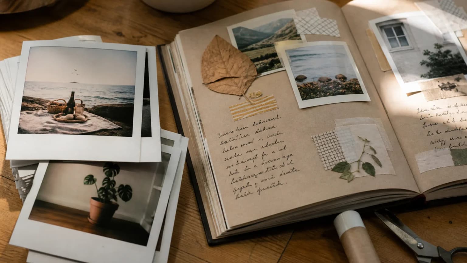 Vintage Polaroid prints stacked next to an open kraft scrapbook with washi tape on a wooden table